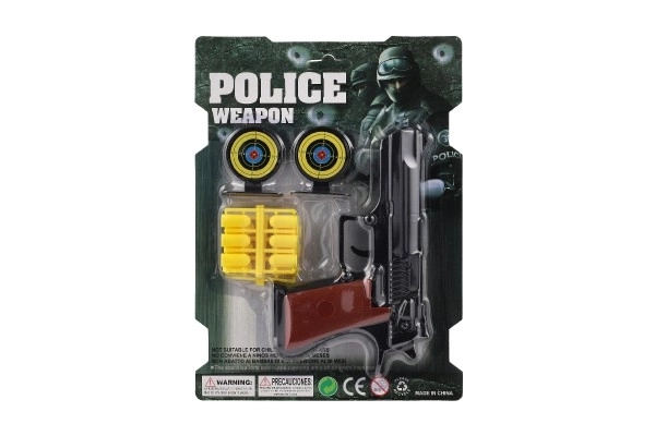 Pistolet na korki 17cm plastik + naboje 12szt + tarcza 2szt na karcie