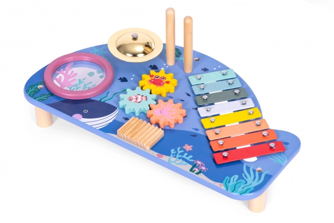 Stoliczek muzyczny z ksylofonem, talerzami, tamburynem i grzechotką świat morski ECOTOYS