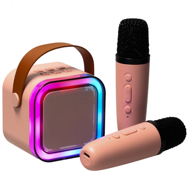 Zestaw karaoke 2 mikrofony + przenośny głośnik BLUETOOTH USB LED różowy
