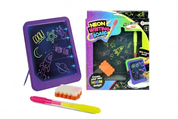 Tablica do pisania na baterie z neonowym światłem z markerem plastikowa + gąbka w pudełku 21x26x3cm