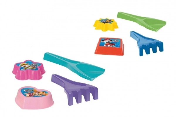 Zestaw do piasku 4 sztuki plastikowe: łopatka, grabki, 2 sztuki foremek Psi Patrol/Paw Patrol w 4 kolorach w siatce