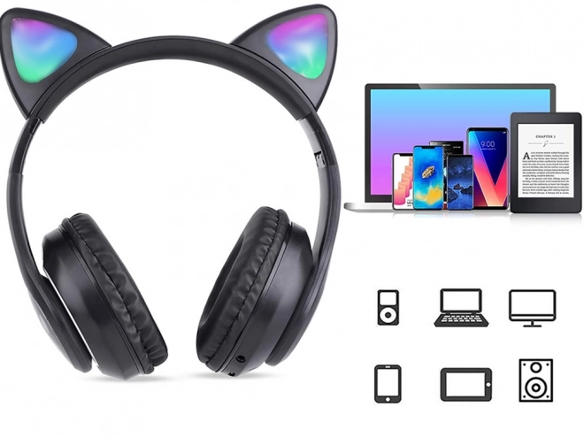 Bezprzewodowe słuchawki bluetooth radio fm mp3 kocie uszy led oświetlenie – czarne