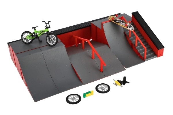 Skatepark - rampy, rowerek na palce, plastikowa deskorolka na palce z akcesoriami, 2 kolory w pudełku 43x25x12cm