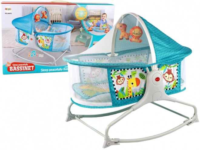 Wielofunkcyjne łóżeczko dziecięce 2w1 Baby Mat Dźwięki Wibracje Niebieskie