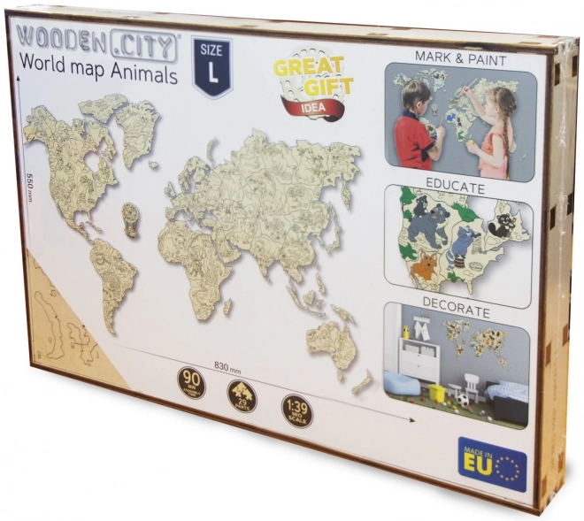 Drewniana mapa zwierząt świata 3D, rozmiar M