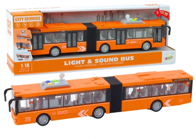 Przegubowy autobus miejski 1:16 napęd światła dźwięki pomarańczowy