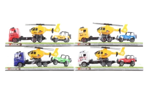 Ciężarówka z helikopterem i autem terenowym