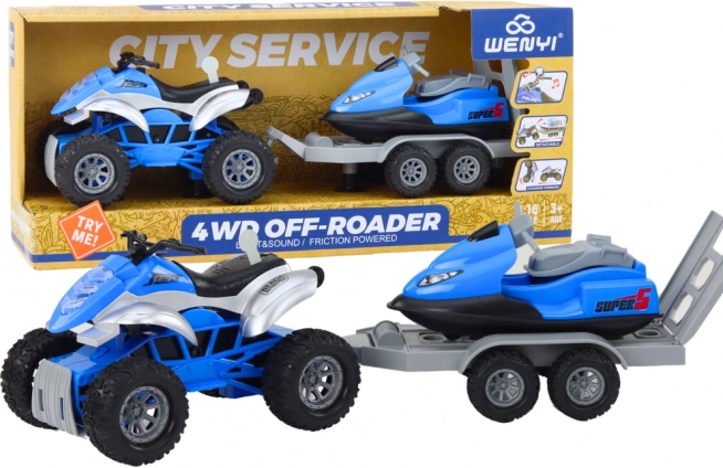 zestaw zabawkowy quad z przyczepą i skuterem wodnym