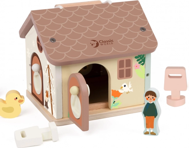 Drewniany domek z klockami do układania dla dzieci