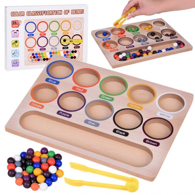 Drewniana edukacyjna mozaika Montessori - kolorowe kuleczki i sorter