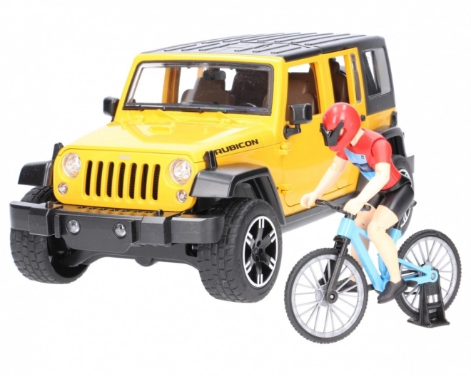 Bruder Jeep Wrangler Rubicon z rowerzystą i rowerem