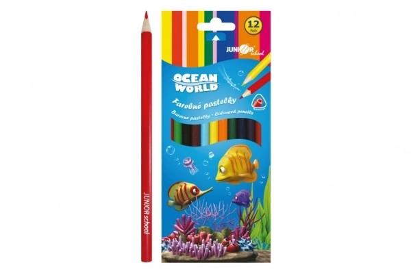Kolorowe kredki drewniane Ocean World trójkątne 12 szt. w pudełku 9x20,5x1cm 12 szt. w opakowaniu