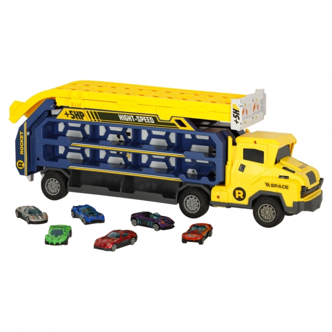 Żółty tor wyścigowy z transporterem - 6 części