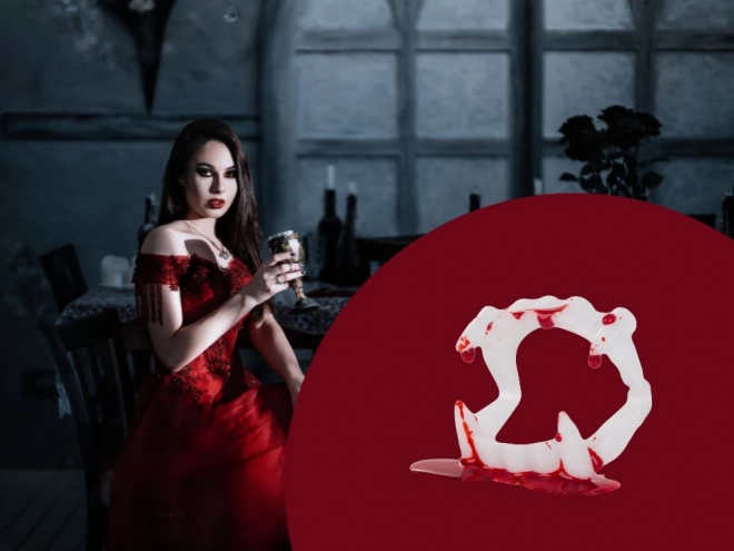 Zestaw sztucznych zębów i krwi na Halloween