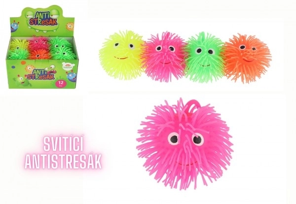 Miękki, włochaty, antystresowy, silikonowy ściskacz 8cm na baterie z oświetleniem, 4 kolory w woreczku, 12 sztuk w pudełku