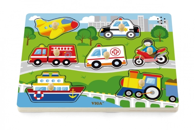 Drewniane puzzle dźwiękowe z motywem środków transportu Viga