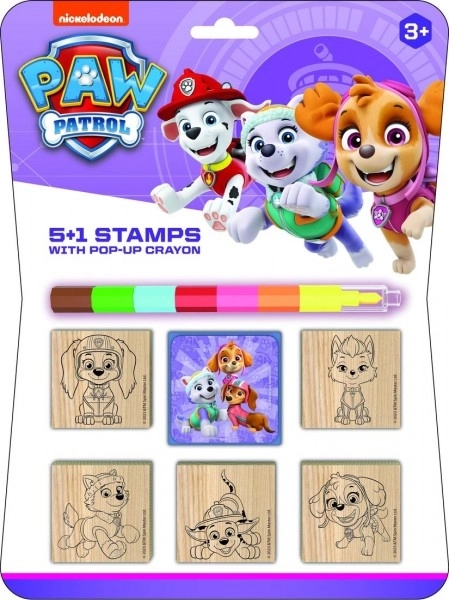 Stempelki 5+1 z poduszką drewnianą 5x5cm z kredką świecową Psi Patrol/Paw Patrol na karcie