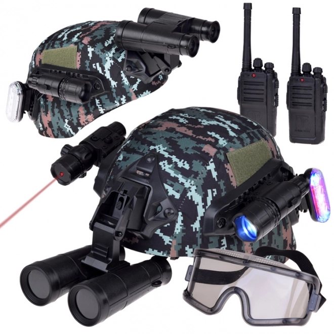 Zestaw sprzętu wojskowego z hełmem, lornetką i walkie-talkie