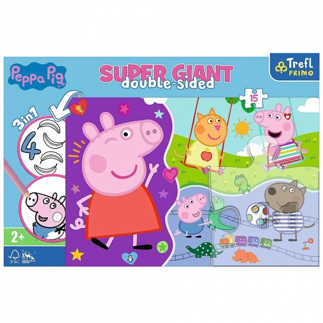 Puzzle 3w1 GIGANT dwustronne 15 elementów Świnka Peppa/Peppa Pig 60x40cm w pudełku 40x27x6cm 24m+