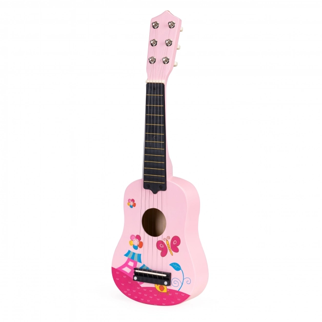 Dziecięca drewniana gitara, metalowe struny, różowa ECOTOYS