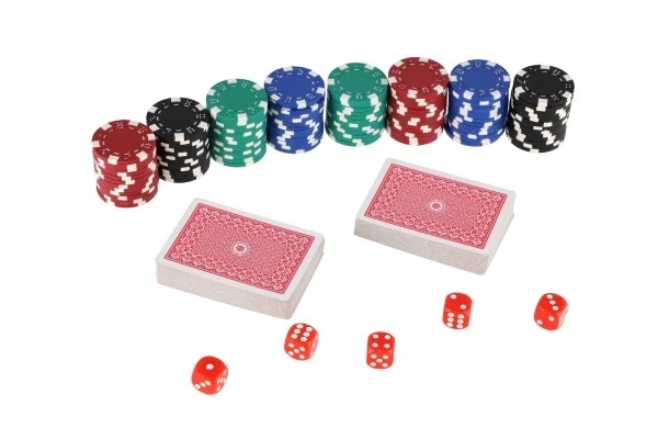Zestaw pokerowy 100 szt. + karty + kostki w walizce w pudełku 28x25x8cm