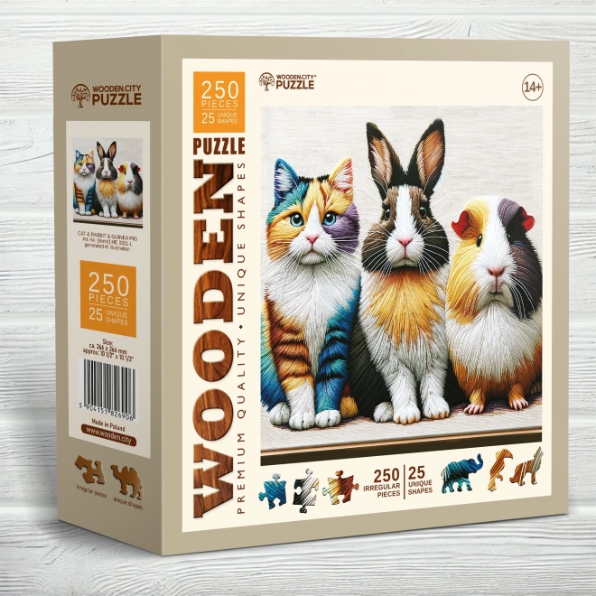 Drewniane puzzle Kot, Królik i Świnka morska 250 elementów od Wooden City