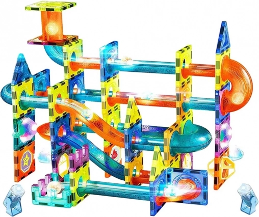 Magnetyczny tor kulkowy plastikowy 110 szt. 16 kulek + dodatki na baterie w pudełku 36x28x9cm