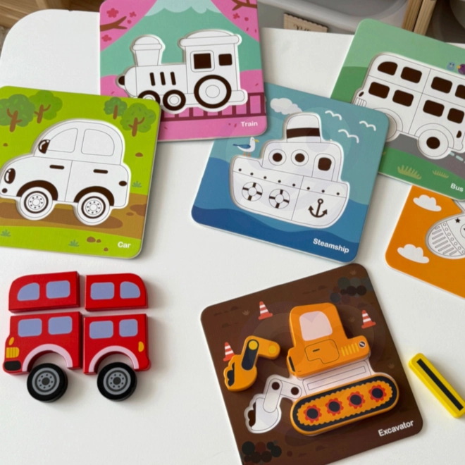 Woopie drewniane puzzle pojazdy Montessori FSC