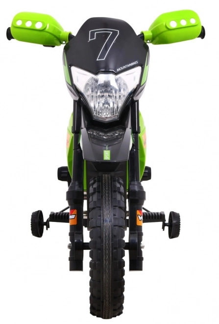 Dziecięcy elektryczny motocykl cross na akumulator – zielony, z kółkami pomocniczymi i światłami LED