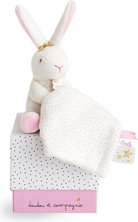 Doudou zestaw prezentowy – pluszowy króliczek z przytulanką 10 cm różowy