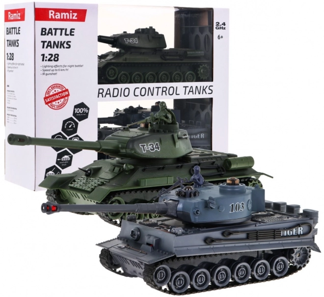 Zdalnie sterowane 2 czołgi T-34 vs. Tygrys dla dzieci 3+ Strzelające modele 1:28 + Wielka bitwa czołgowa + Efekty świetlne i dźwiękowe