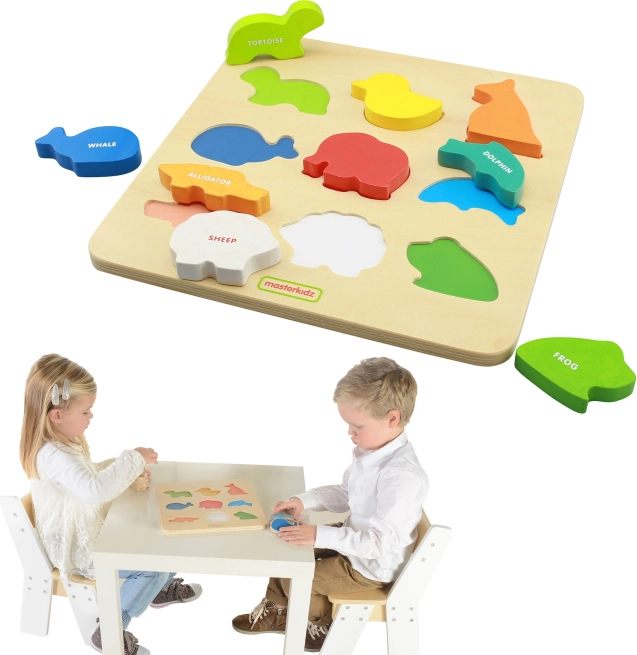 Drewniana tablica sortująca kolorowe zwierzątka MASTERKIDZ Montessori