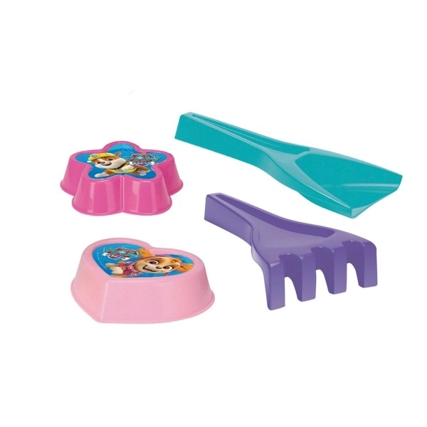 Zestaw do piasku 4 sztuki plastikowe: łopatka, grabki, 2 sztuki foremek Psi Patrol/Paw Patrol w 4 kolorach w siatce