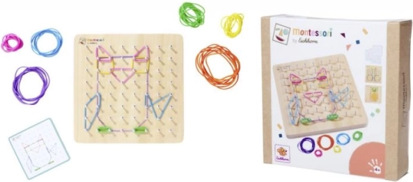 Montessori geometryczna tablica z kolorowymi gumkami