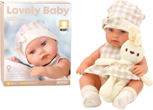 Lalkowa laleczka w nosidełku z króliczkiem, beżowa krata 30 cm