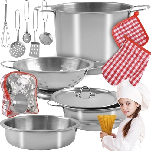 Metalowy dziecięcy zestaw kuchenny w plecaku, 13 elementów