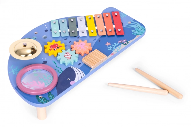 Stoliczek muzyczny z ksylofonem, talerzami, tamburynem i grzechotką świat morski ECOTOYS