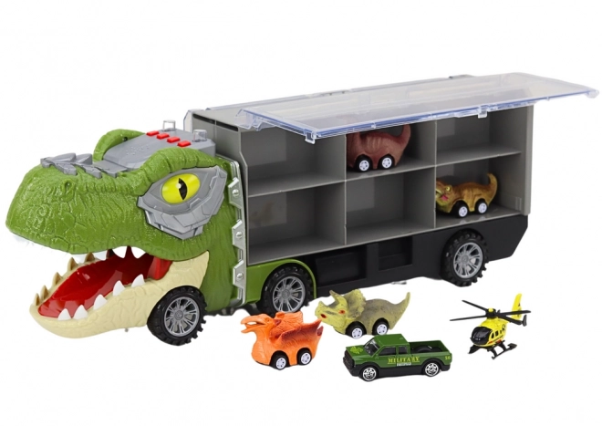 Ciężarówka Z Transportem Dinozaurów 6ks Światła Dźwięki Zielona