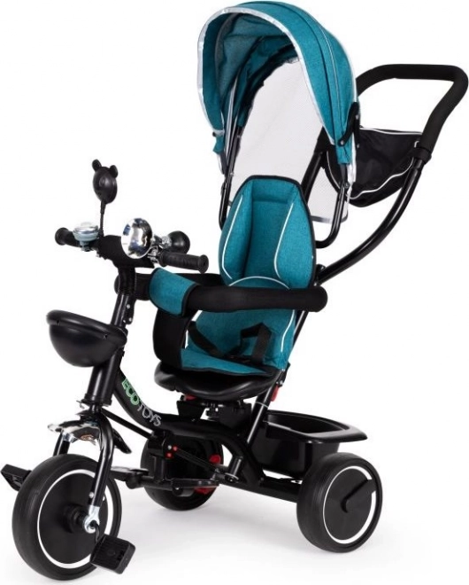 ECOTOYS Trójkołowy rowerek z daszkiem i prowadzącą rurką niebieskozielony