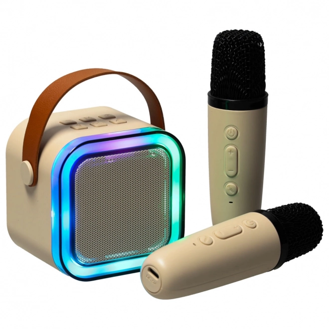 Zestaw Karaoke 2 mikrofony + przenośny głośnik BLUETOOTH USB LED kolor beżowy