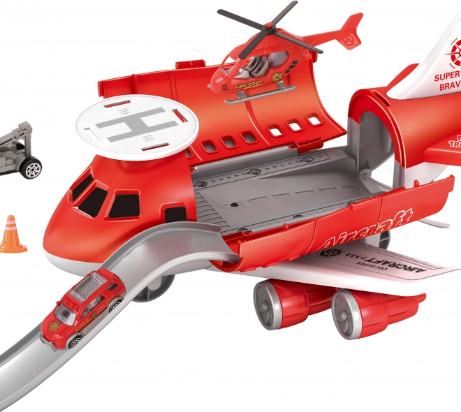Strażacka stacja lotnicza z pojazdami i helikopterem