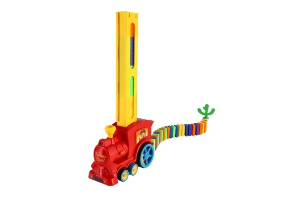 Lokomotywa/Pociąg domino układający plastikowy 16cm na baterie z dźwiękiem ze światłem w pudełku 33x23,5x8cm