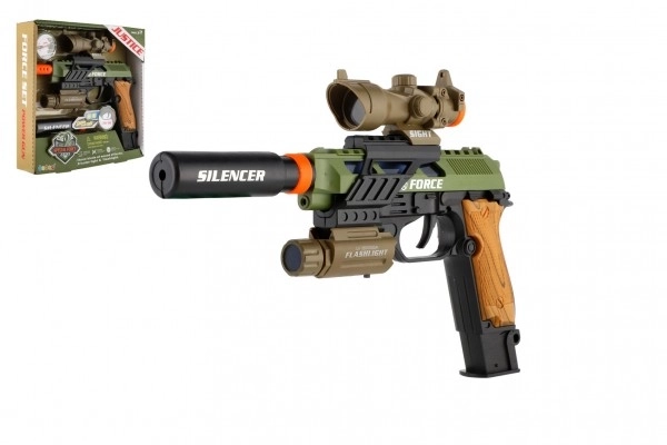 Pistolet z dodatkami plastikowy na baterie z dźwiękiem i światłem w pudełku 25x23x5cm