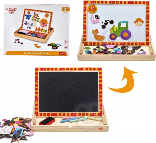 Drewniana dwustronna tablica Tooky Toy Farma z magnetycznymi puzzlami