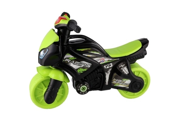 Odpychacz motocykl zielono-czarny plastik na baterie ze światłem i dźwiękiem w worku 36x53x74cm