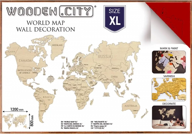 Drewniana mapa świata XL 120 × 80 cm czerwona WOODEN CITY