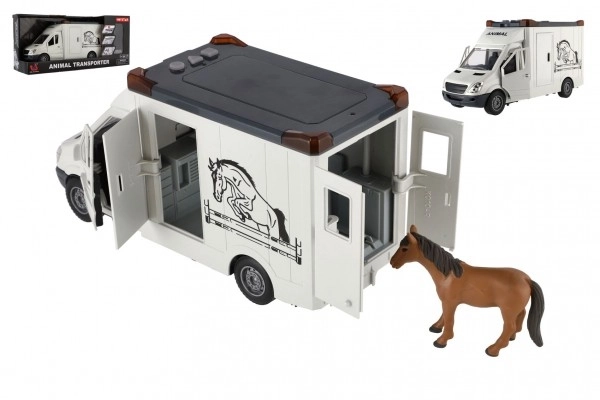 Auto do przewozu zwierząt plastikowy 28cm z koniem na mechanizm sprężynowy z światłem i dźwiękiem szare w pudełku 39x18cm