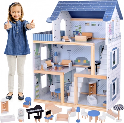 Niebieski drewniany domek dla lalek + meble 3 piętra ZA5273