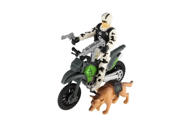 Zestaw wojskowy z plastikowym motocyklem, żołnierzem, psem i akcesoriami w pudełku 23x14x4cm