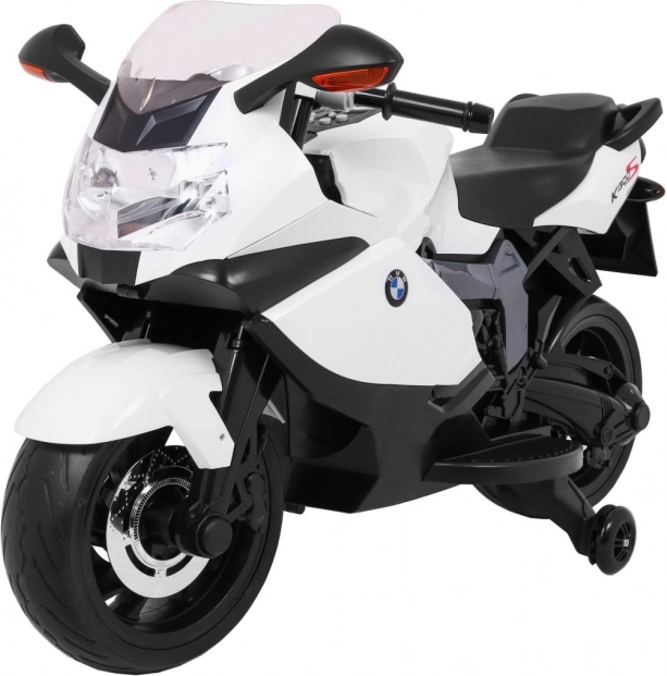 Dziecięcy motocykl elektryczny BMW K1300 S, biały, z kółkami pomocniczymi, światłami i dźwiękami